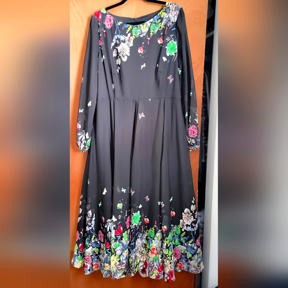 Floryday Black Floral Long-sleeve Dress